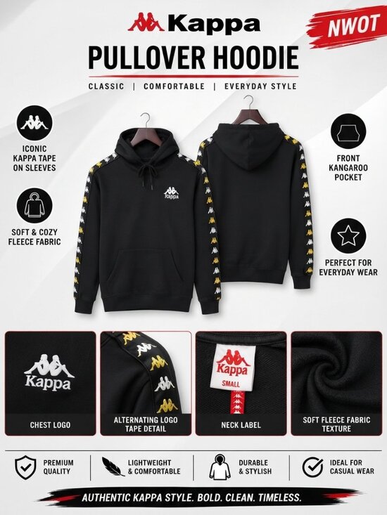 Kappa Tops - NWOT Kappa Black Pullover Hoodie Alternating Logo Tape Men's Size S